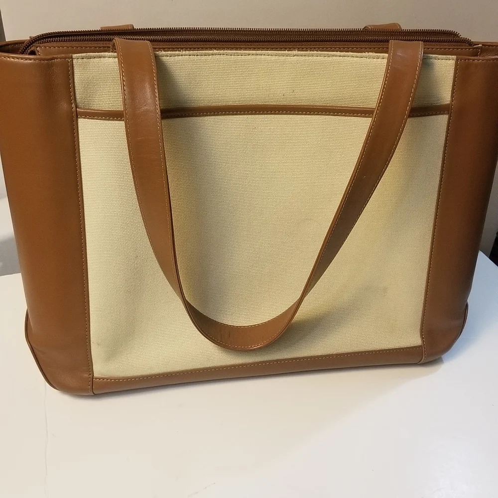 Levenger leather and fabric tote
